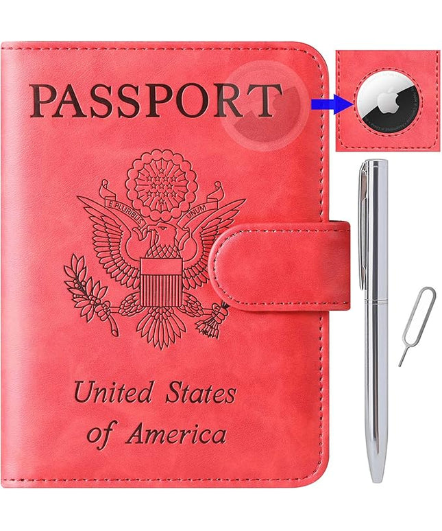 Airtag Passport Holder Cover Wallet Travel Essentials Leather Rfid Blocking Case Vacation Luggage Must Haves Travel Accessories for Men Women (117#Red)