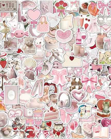 150pcs Coquette Stickers Cute Vinyl Laptop Sticker Monogram Decal Vintage Aesthetic StickersWaterproof Aesthetic Stickers, Pink Sticker Pack for Girls Water Bottles Laptop Computer Phone Guitar