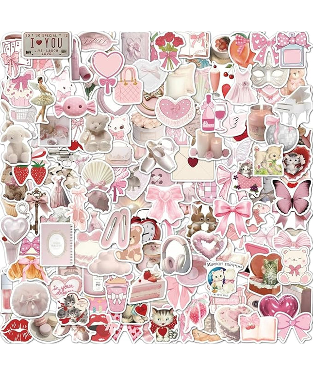 150pcs Coquette Stickers Cute Vinyl Laptop Sticker Monogram Decal Vintage Aesthetic StickersWaterproof Aesthetic Stickers, Pink Sticker Pack for Girls Water Bottles Laptop Computer Phone Guitar