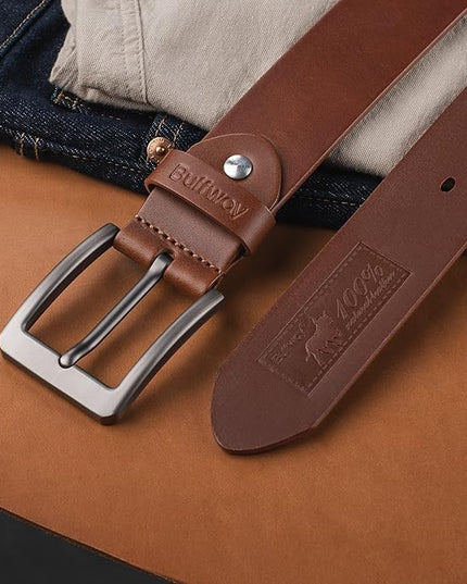 Buffway Men’s Full Grain Leather Belt – Solid One-Piece Leather, 1.5” Wide for Jeans & Business Casual, Gift Box Included