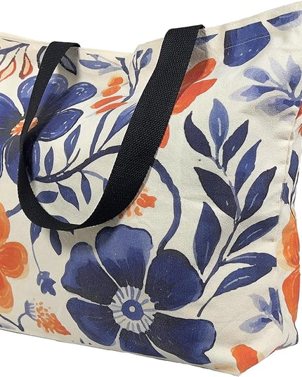 Large Tote Bag for Women, Floral Grocery Tote with Snap Thick Canvas Both Side Pattern, Gift Daily Use Shopping Travel Picnic