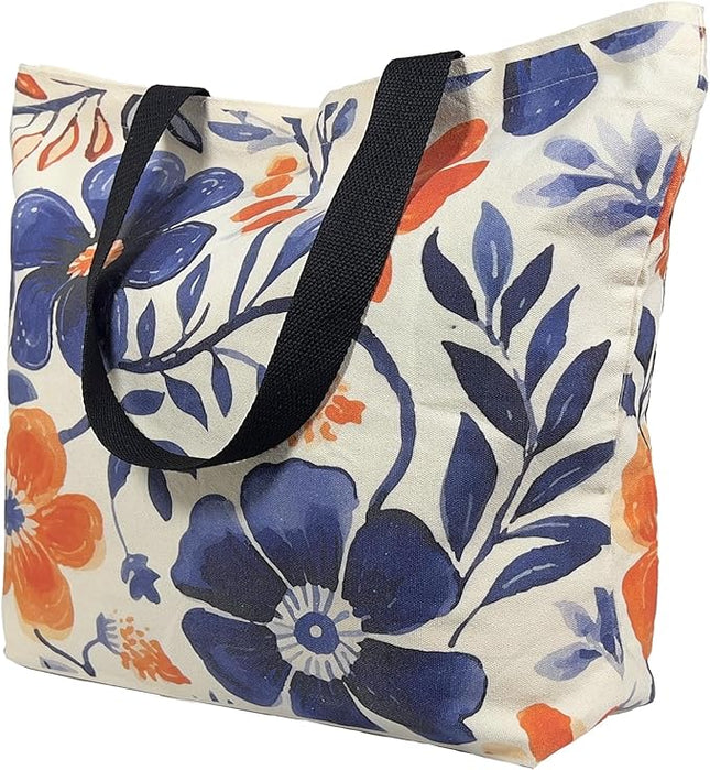 Large Tote Bag for Women, Floral Grocery Tote with Snap Thick Canvas Both Side Pattern, Gift Daily Use Shopping Travel Picnic