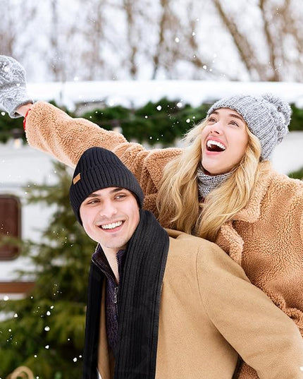 Men Women Winter Beanie Hats Scarf with Touchscreen Gloves Warm Knit Themal Gloves Long Scarf Set with Fleece Lined