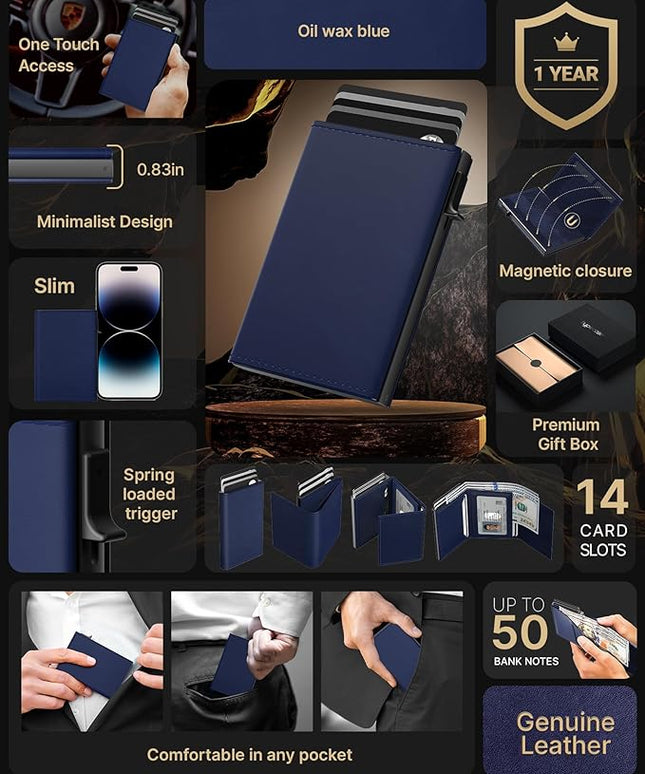 typecase Mens Wallet Card Holder: Pop Up Aluminum Case, Premium Genuine Leather, Smart, RFID Blocking, Slim, Minimalist, Front Pocket - 9-14 Card Capacity | ID Window | Cash Slot (Navy)