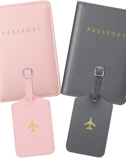 2 Pieces Passport Covers and 2 Pieces Luggage Tags, Passport Holder Travel Suitcase Tag (Pink, Gray)