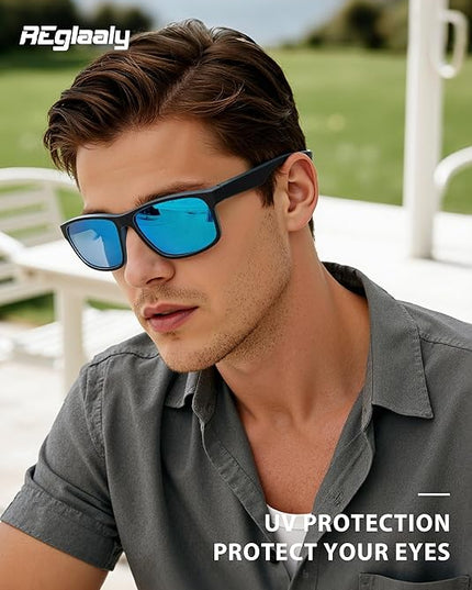 Polarized Sunglasses for Men Womens, Lightweight Mens Sunglasses UV Protection, Black Square Sun Glasses Driving Fishing Golf, Matte Black/Gray Lens