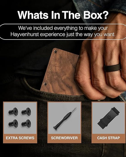 Hayvenhurst Wallet For Men - Reinvented Design Men's Wallet - Slim, Minimalistic & Seamless, Blocks RFID Scanners with a Cash Strap (Walnut Wood)