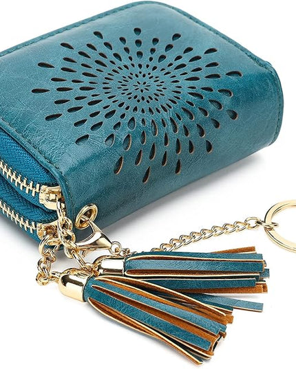 APHISON RFID Credit Card Holder Zipper Card Case Keychain Small Wallet for Women 1942-2 PEACOCK-BLUE