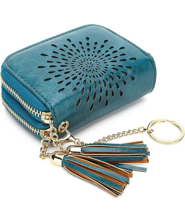 APHISON RFID Credit Card Holder Zipper Card Case Keychain Small Wallet for Women 1942-2 PEACOCK-BLUE