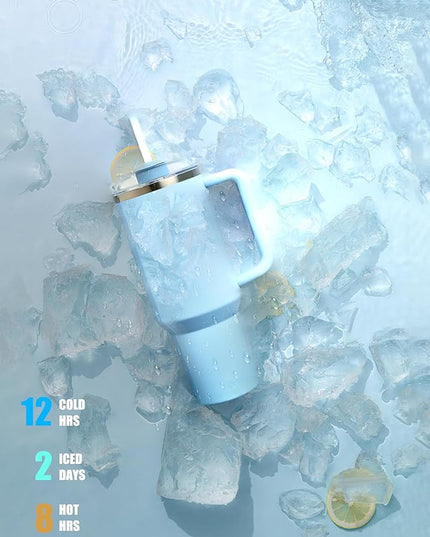 40 oz tumbler with handle and straw,Double Wall Vacuum Reusable Stainless Steel Insulated Water Bottle,With Leak Proof lid and Straw for Iced or Cold Beverages (Glacier)