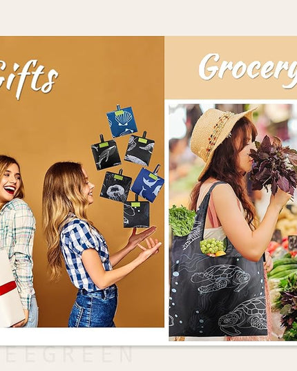 BeeGreen Reusable Grocery Bags for Groceries | Foldable Tote Bags with Handles Reusable Gift 6 Set - Heavy Duty Washable Polyester Travel and Shopping Basket - Bulk Bag for Women Animal Lovers