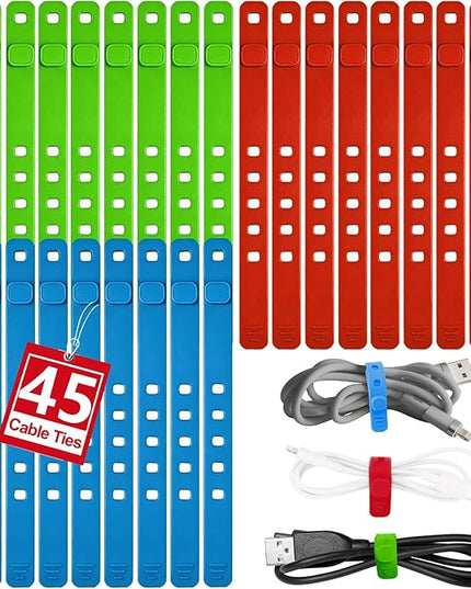AROIC Reusable Silicone Cable Ties, 45Pcs Adjustable Travel Cord Organizer, Washable Cable Management with Adjustable Locking Buckle, Multicolor Elastic Cord Holder Organization Home Office Essentials