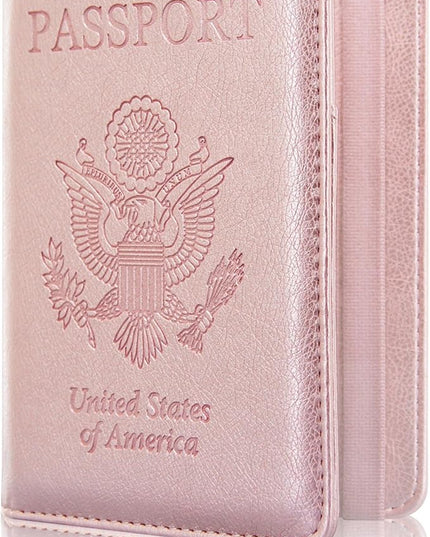 ACdream Passport Holder Cover, Leather Travel Wallet Case, RFID Blocking Document Organizer Protecrtor, with Slots for Credit Cards, Boarding Pass, for Women and Men, Rose Gold