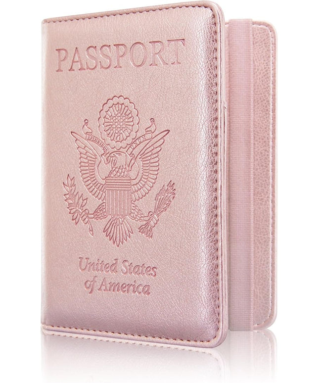 ACdream Passport Holder Cover, Leather Travel Wallet Case, RFID Blocking Document Organizer Protecrtor, with Slots for Credit Cards, Boarding Pass, for Women and Men, Rose Gold