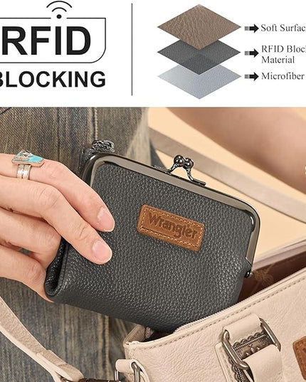 Montana West Wrangler Women's Wallet RFID Blocking Wallets Small Bifold Credit Card Holder with Kiss Clasp Gray