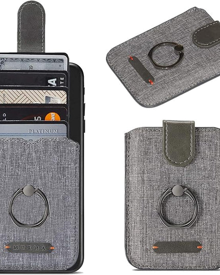 BIAJIYA Card Holder for Back of Phone RFID 5 Pull Credit Card Cash Cell Wallet Pocket Canva Leather Case for Smartphones (Gray)