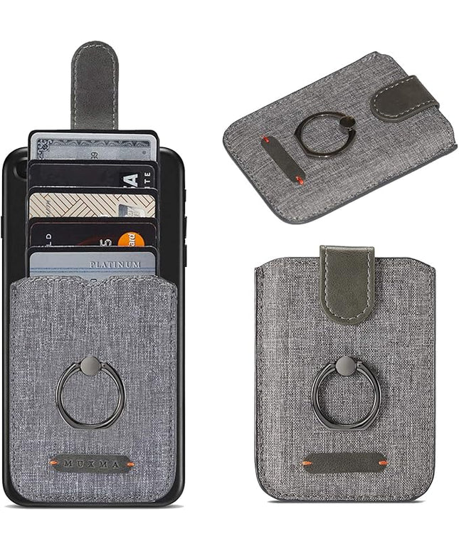 BIAJIYA Card Holder for Back of Phone RFID 5 Pull Credit Card Cash Cell Wallet Pocket Canva Leather Case for Smartphones (Gray)