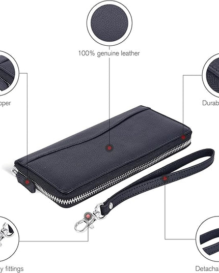 Oak Leathers Blue Leather Wallet for Women - RFID Womens Wallet Clutch with 8 Credit Card Holder, Coin Pocket, Gift for Women’s