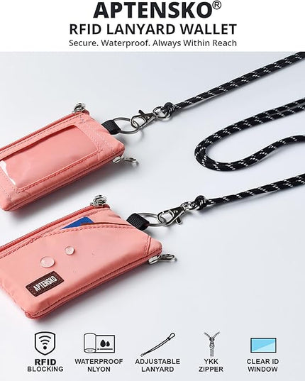 RFID Travel Wallet with Adjustable Lanyard-Zipper Small Wallet with ID Card Holder, Keychain for women&men-Minimalist Slim Waterproof Nylon case for ID, Cash, Key (Coral Blush)