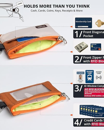 RFID Travel Wallet with Adjustable Lanyard-Zipper Small Wallet with ID Card Holder, Keychain for women&men-Minimalist Slim Waterproof Nylon case for ID, Cash, Key (Almond+Rust)