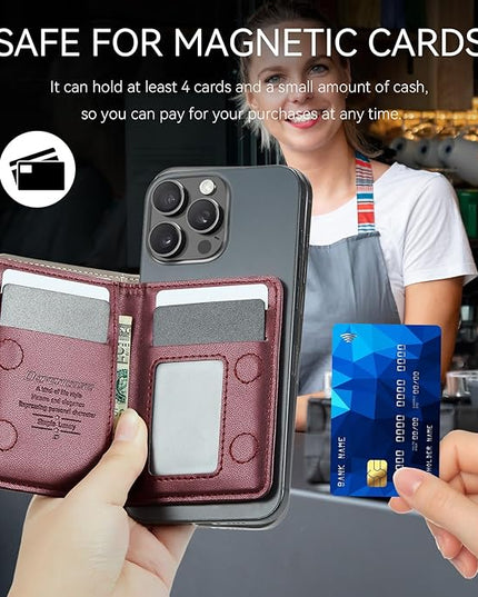 Defencase for Magsafe Wallet Magnetic Card Holder RFID Blocking, PU Leather Minimalist Phone Wallet for MagSafe Phones and Cases for iPhone 17/16/ 15/14/ 13/12/ Pro/Max/Plus/Air, Wine Red