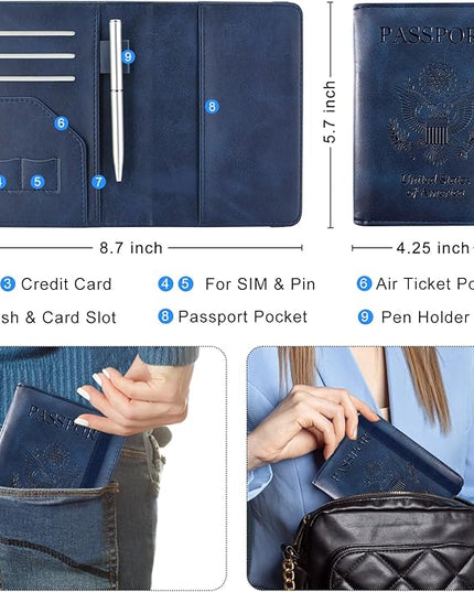 ACdream RFID BLOCKING Passport Holder Travel Wallet, Premium PU Leather Cover Passport Book with Card Holder, Pen Holder, Keep Organization, and Travel Essentials for Women and Men, Blue