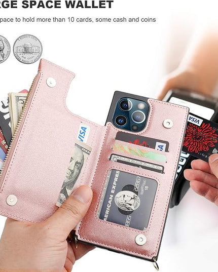 Bocasal Crossbody Wallet Case for iPhone 12 Pro Max with Card Holder,Zipper Card Slot Protector Shockproof Purse Cover with Removable Cross Body Strap 6.7 Inch(Rose Gold)