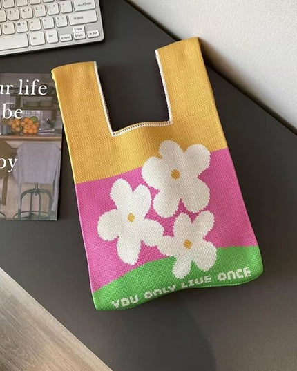 Women's Wrist Knot Tote Bag Small Crochet Wristlet Handbag Aesthetic Cute Knit Purse (Very Small Size)
