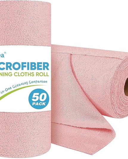 AIDEA Microfiber Cleaning Cloth Roll, 50PK, Tear Away Reusable Paper Towels Pink, Commercial Shop Rags, Microfiber Towels for Cars, Lint Free Cleaning Rags for House, Kitchen, Garage Shop, 11.5"×11.5"