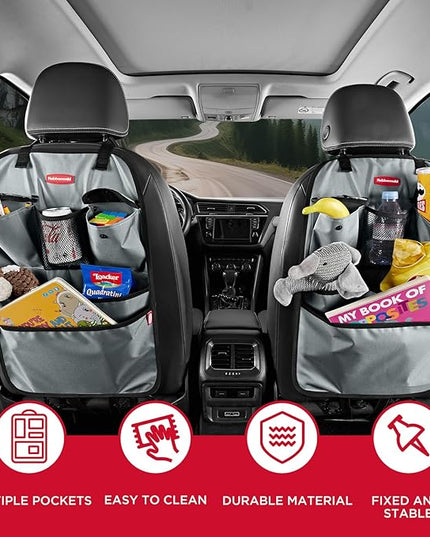 Rubbermaid Backseat Car Organizer, Kick Mats and Seat Back Protector, Car Organizer for Kids with 6 Storage Pockets, Travel Essentials for SUV, Truck, Car - 2 packs Gray