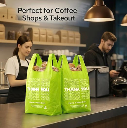 Green Thank you bags, 1000PCS T shirt bags, To Go Bags,Grocery bags, Reusable and Disposable,Perfect for Small Business,Take Out,Retail, Large