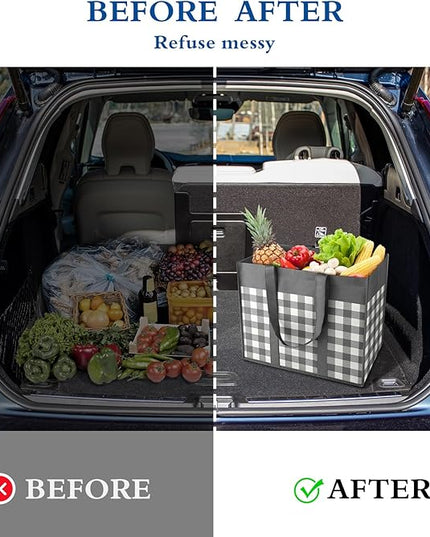 WISELIFE Reusable Grocery Shopping Bags 10 Pack Large Foldable Tote Bags Bulk, Long Handle for Shopping Groceries Clothes (Plaid A)
