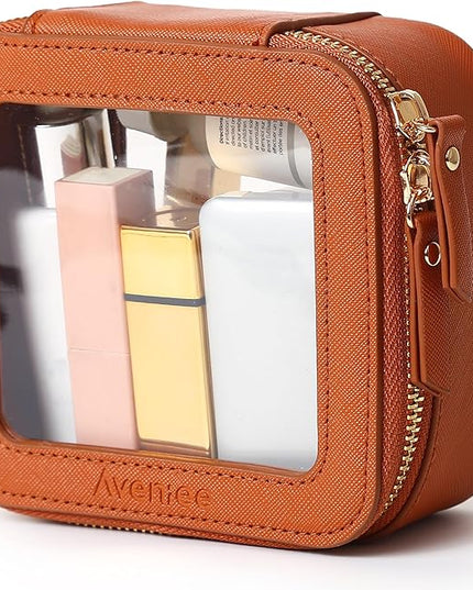 Aveniee Mini Clear Makeup Bag, Small Cosmetic Bags Travel Toiletry Pouch Organizer, TSA Approved Make up Case with Zipper, Car Bag for Essentials,Brown