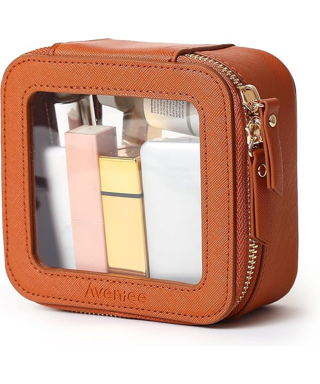 Aveniee Mini Clear Makeup Bag, Small Cosmetic Bags Travel Toiletry Pouch Organizer, TSA Approved Make up Case with Zipper, Car Bag for Essentials,Brown