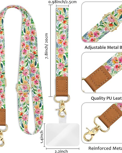 Phone Lanyard Crossbody Strap, Floral Flower Cell Phone Lanyard for Women, Wrist Strap Wristlet Adjustable Accessories Around The Neck for Keychain Travel Beach Essentials Gift