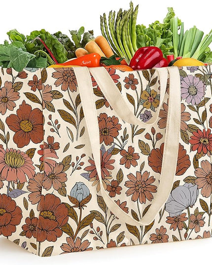 Large Canvas Grocery Tote Bag - Reusable Extra Large Shopping Shoulder Bags with 6 Inner Pockets & 2 Handle Strap