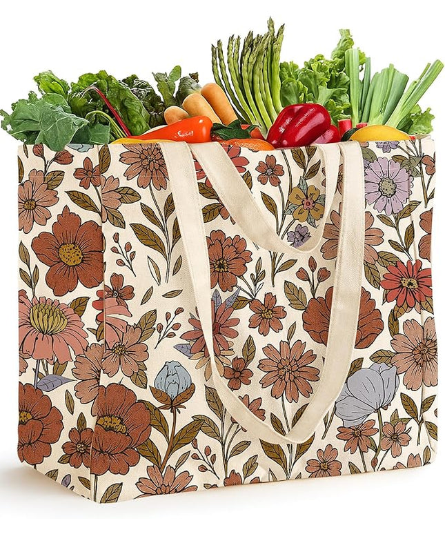 Large Canvas Grocery Tote Bag - Reusable Extra Large Shopping Shoulder Bags with 6 Inner Pockets & 2 Handle Strap