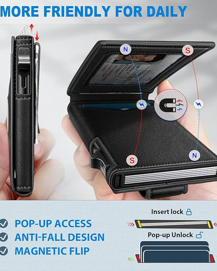 miyozi Airtag Wallet for Men Money Clip 9-Card Pop-Up Credit Card Holder with ID Window RFID Blocking Metal Case Magnetic Closure Front Pocket Wallet Gift Box