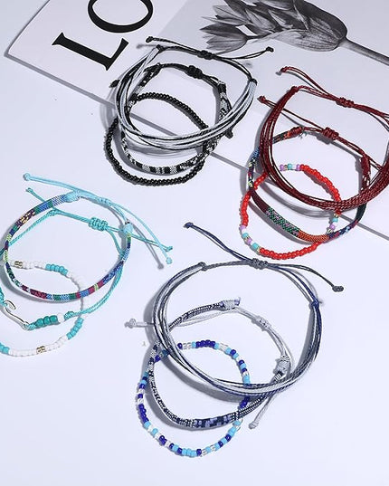 LOLIAS 24 Pieces Waterproof String Bracelets for Women Surfer Wave Boho Bracelet Adjustable Handmade Friendship Bracelet String Ocean Beach Boho Bracelets Anklets for Women