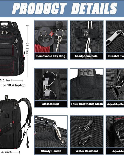 18.4 Laptop Backpack for Men, Extra Large Gaming Laptops Backpack with USB Charger Port, TSA Friendly Big Capacity Heavy Duty Travel Computer Bag RFID Anti-theft Pocket Backbag,21.2*15.5*11.5inch Red