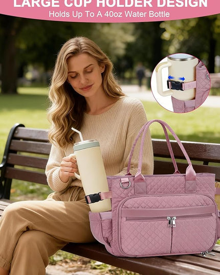 FIORETTO Teacher Tote Bag for Women with Laptop Compartment, Large Cup Holder, Zip Closure, Ideal for Work, Bible, Nurse