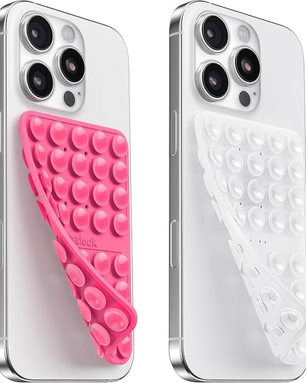 2PCS Silicone Suction Cup Phone Case Mount Double Sided, Hands-Free Phone Accessories Holder for Selfies and Videos, Silicon Sticky Phone Grip for iPhone and Android, Transparent&Hot Pink