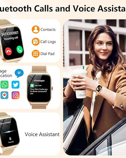 CASCHO Smart Watches for Women (Android/iOS), 1.85" HD Smart Watch with Calls/Messages/AI Voice Control, Sleep/Heart Rate, 120+ Sports Modes Fitness Tracker Watch, Gold & Pink Dual Strap