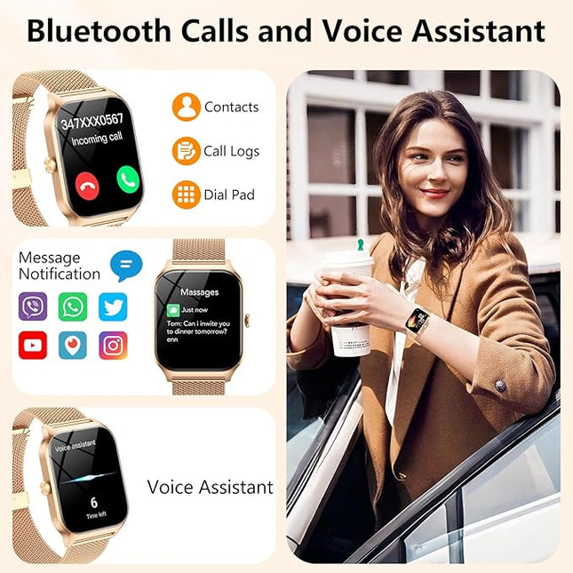CASCHO Smart Watches for Women (Android/iOS), 1.85" HD Smart Watch with Calls/Messages/AI Voice Control, Sleep/Heart Rate, 120+ Sports Modes Fitness Tracker Watch, Gold & Pink Dual Strap
