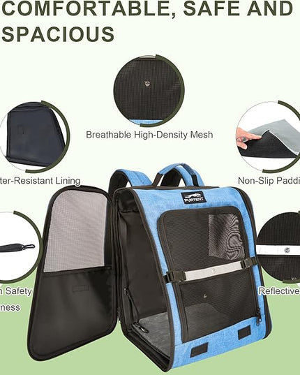 Cat Backpack Carrier with Ventilation Mesh and Safety Leash, Lightweight Dog Travel Backpack with Pockets, Reflective Strip, and Removable Mat,Hiking and Outdoor Use,Blue