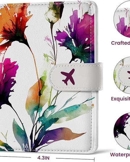 Passport Holder for Travel Essentials, RFID Blocking Leather Cover Wallet with Magnetic Closure, Aesthetic & Cute Passport Book Case for Women and Men - Floral
