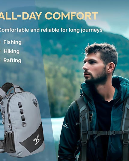 Xelfly - Waterproof Fishing Backpack with Rod Holder, Inflatable Air Valve, Padded Waist Straps & Gear Loops - Submersible Zipper, Rugged Top Handle, Adjustable Attachments (Blue)
