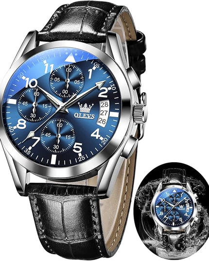 OLEVS Leather Chronograph Watch Men - Leather Strap (Brown/Black), Work Luminous Waterproof Analog Quartz Dress Wrist Watch with Blue/Black/Brown/White Dial