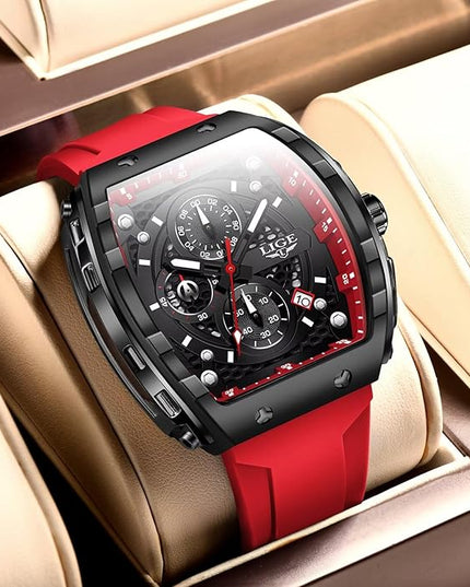 Mens Watches,Unique Rectangular Quartz Analog Watch,Outdoor Sports Multi-Function Watch,Chronograph/Waterproof/Luminous/Calendar,Durable Silicone Strap Mens Casual Watches