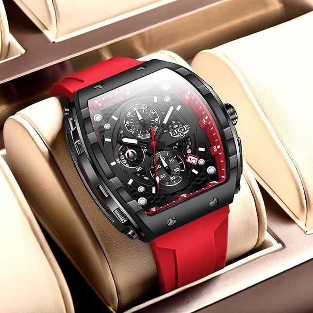 Mens Watches,Unique Rectangular Quartz Analog Watch,Outdoor Sports Multi-Function Watch,Chronograph/Waterproof/Luminous/Calendar,Durable Silicone Strap Mens Casual Watches